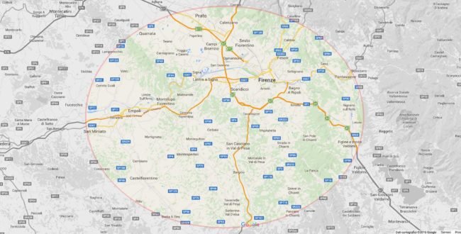 Mappa della zona di consegna dei piatti pronti Le Bontà della Fortezza: Firenze e provincia, da Prato e Sesto Fiorentino fino a Empoli, San Miniato e il Valdarno.